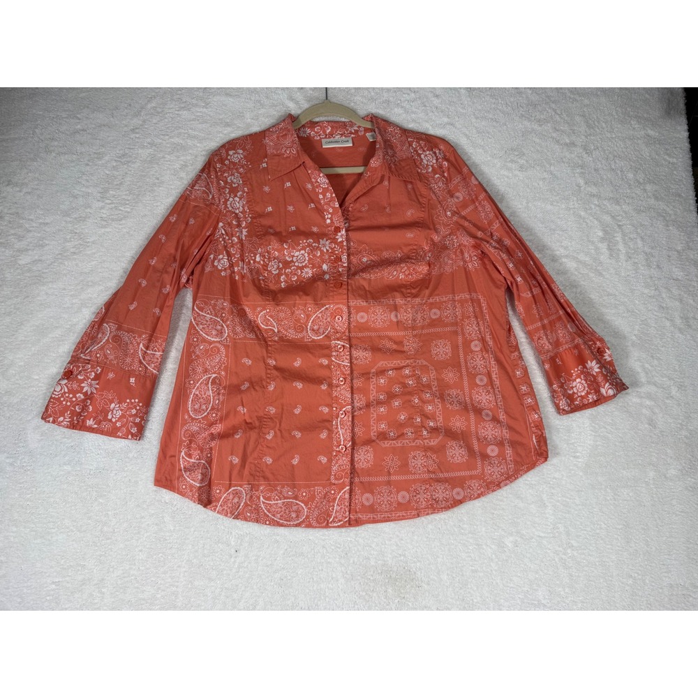 Coldwater Creek Button Down Women 2X Coral Excellent Bandana Paisley Boho Top
